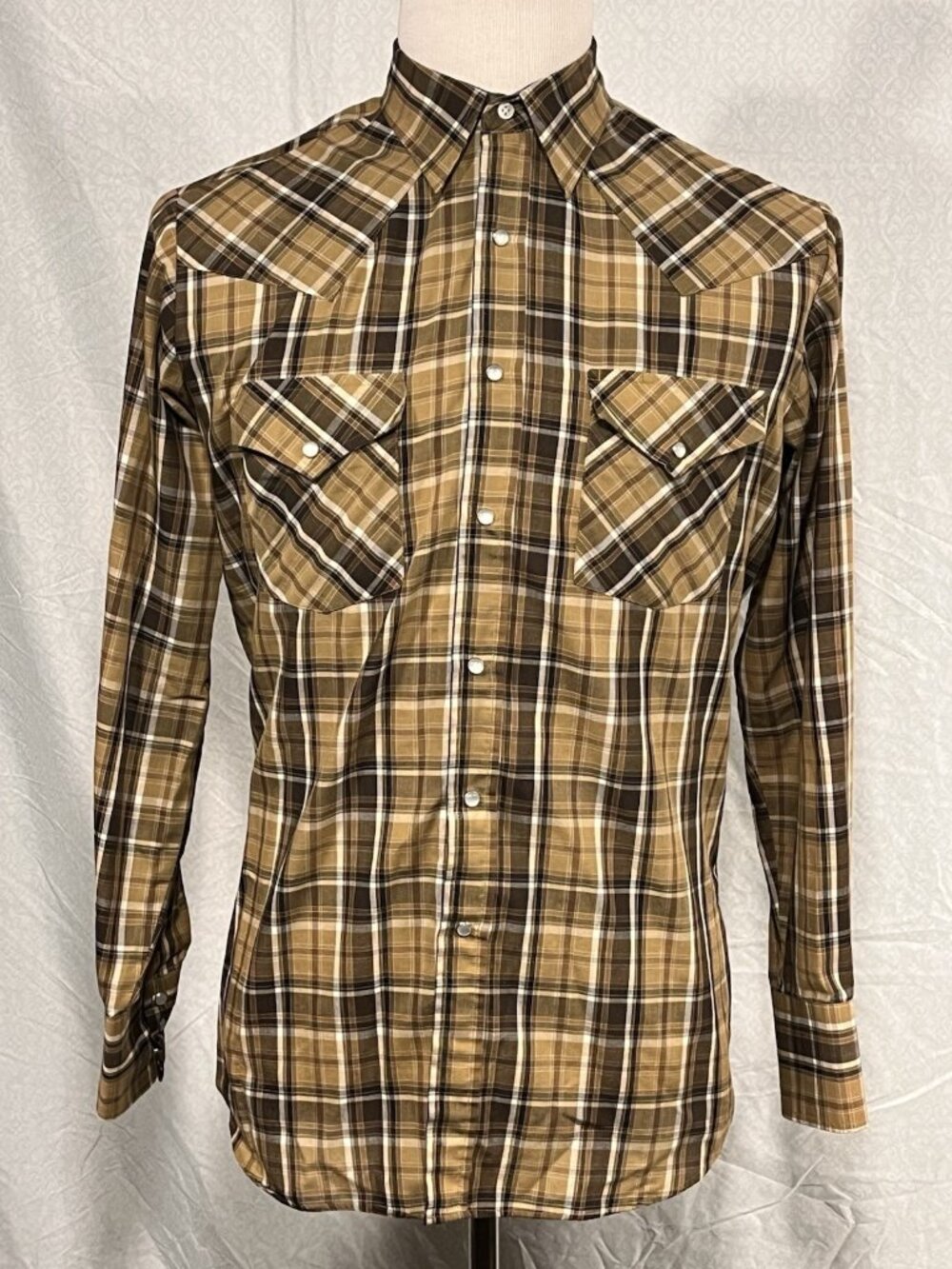 Ely Cattleman Pearl Snap Shirt Mens Medium Tan Brown Plaid Western Long Sleeve